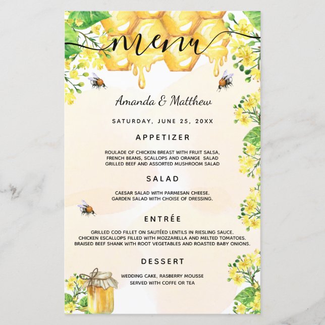 Bröllop Menu humla honungscomb blommigtar (Framsida)