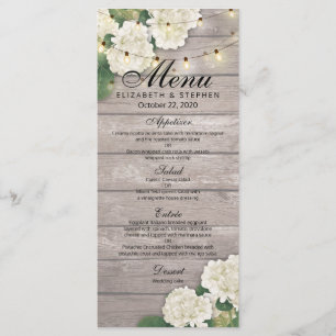 Bröllop Menu Hydrangea Flowers Wood String Ljus Meny