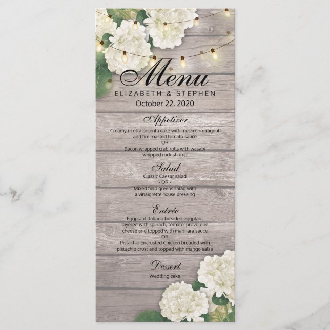 Bröllop Menu Hydrangea Flowers Wood String Ljus Meny (Framsida)