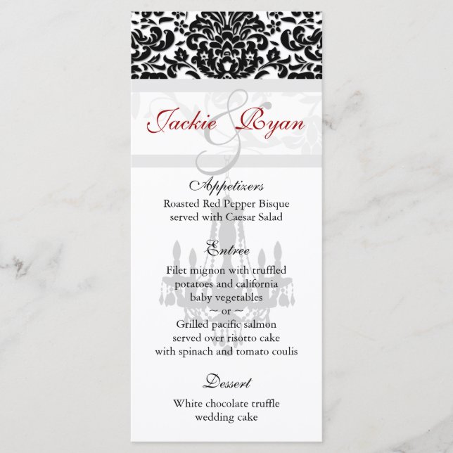 Bröllop Menu-kort Chandelier Black White Meny (Framsida)