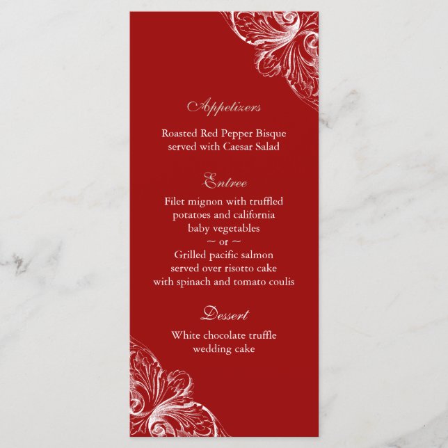 Bröllop Menu-kort Elegant Monogram Red White Meny (Framsida)