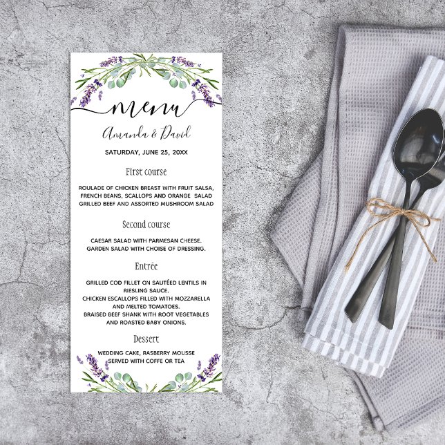Bröllop Menu lavender eucalyptus greenery Reklamkort (Skapare uppladdad)