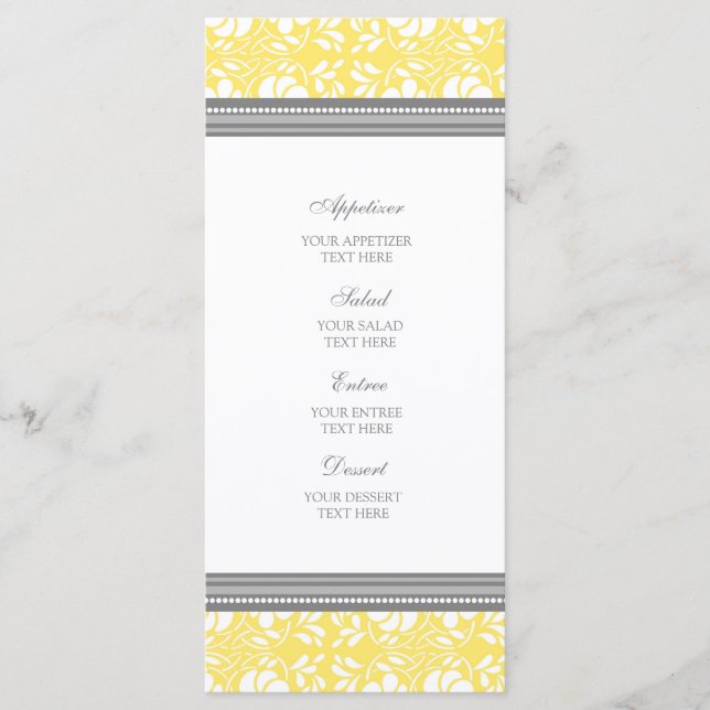 Bröllop Menu Lemon Grått Damask Meny (Framsida)