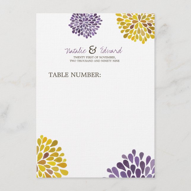 Bröllop Menu Lila & Gult Dahlia Flowers Meny (Framsida)