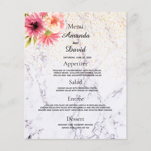 Bröllop Menu Marble Rosa Blommigt (Framsida)