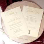 Bröllop Menu med Tack Guld Meny<br><div class="desc">Den här elegant krämen och guld bröllop-menyn med ett tack på baksidan, som är 5 x 7, har en lyxig kalligrafi för en sofistikerad beröring till din mottagning. Baksidan innehåller ett tackkort med ett hjärta och en bekväm QR-kod som gör att gästerna enkelt kan ladda upp och sina foton från...</div>