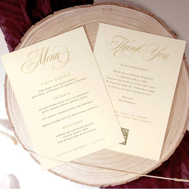 Bröllop Menu med Tack Guld Meny (Elegant wedding menu with thank you on the back and qr code to upload photos for photo sharing.)