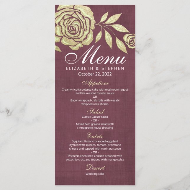 Bröllop Menu Modern Chic Golden Ro Burgundy Red Meny (Framsida)