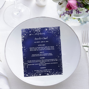 Bröllop Menu navy blue white glitter budget Flygblad