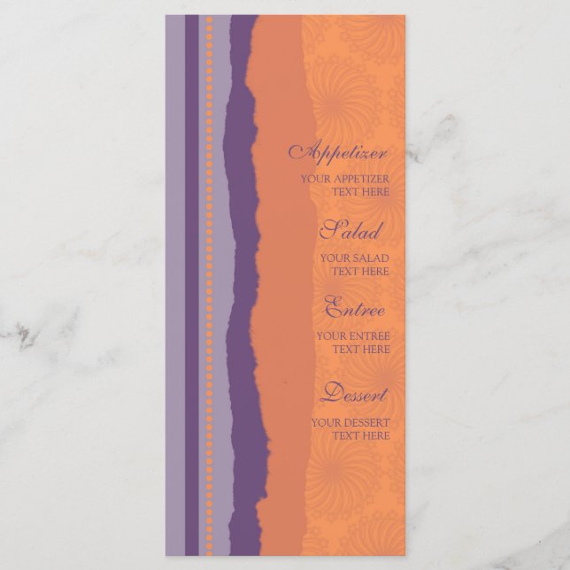 Bröllop Menu Orange och Lila Swirls Meny (Framsida)