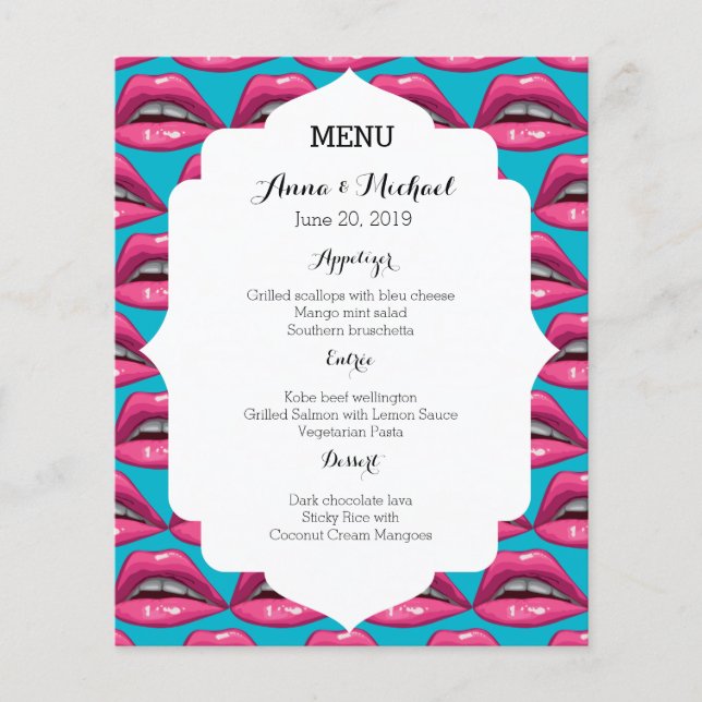 Bröllop Menu Pop Art Rosa Läppar Makeup (Framsida)