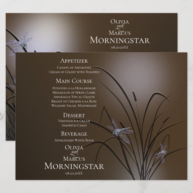 Bröllop Menu-programmet | Soft Mocha Dragonfly Meny (Fram/baksida)