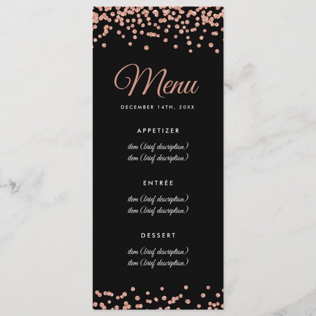 Bröllop Menu Ro Guld Faux Glitter confetti Black Meny (Framsida)