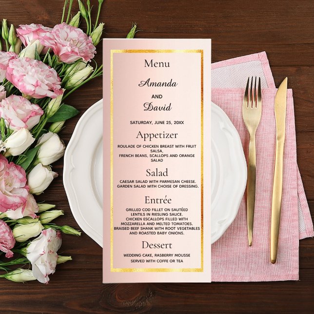 Bröllop Menu ro guld rosa glam minimalist Reklamkort (Skapare uppladdad)