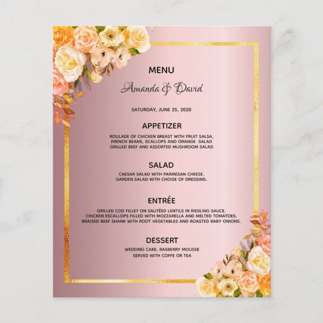 Bröllop Menu rosa blommigt damm ro glam elegant (Framsida)