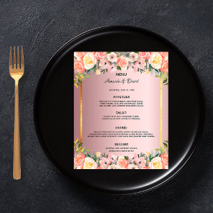 Bröllop Menu rosa blommigt dammande ro guld budget Flygblad