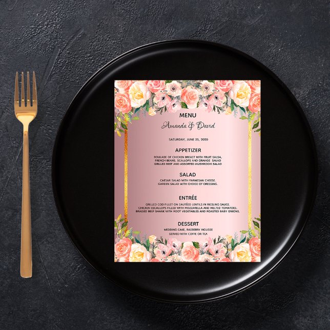 Bröllop Menu rosa blommigt dammande ro guld budget Flygblad (Skapare uppladdad)