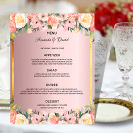 Bröllop Menu rosa blommigt dammiga ro guld elegant
