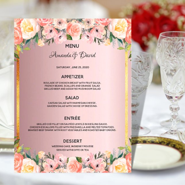 Bröllop Menu rosa blommigt dammiga ro guld elegant (Skapare uppladdad)
