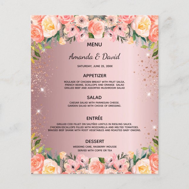 Bröllop Menu  rosa blommigt glitter dami ro (Framsida)