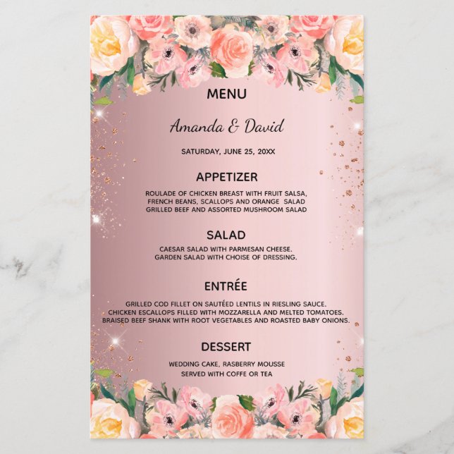 Bröllop Menu  rosa blommigt glitter dami ro (Framsida)