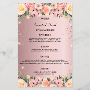 Bröllop Menu rosa blommigt glitter dami ro