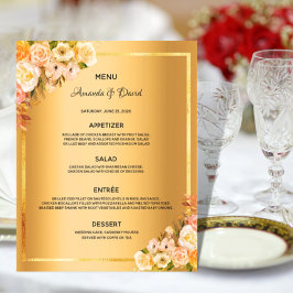 Bröllop Menu rosa blommigt guld glam elegant