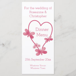 Bröllop Menu Rosa Heart och Butterflies Meny