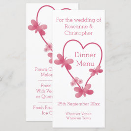 Bröllop Menu Rosa Heart och Butterflies Meny