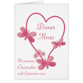 Bröllop Menu Rosa Heart och Butterflies OBS Kort