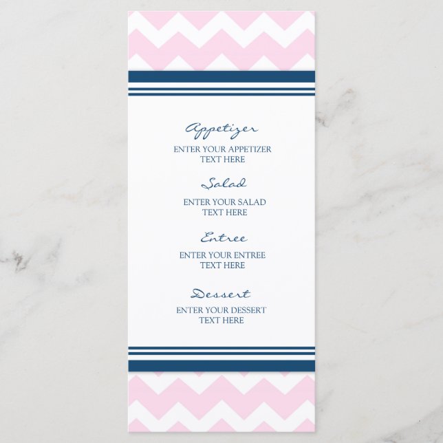 Bröllop Menu Rosa Navy Blue White Chevron Meny (Framsida)