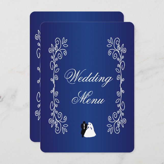 Bröllop Menu Royal Blue Färgad Bride Groom Meny (Fram/baksida)