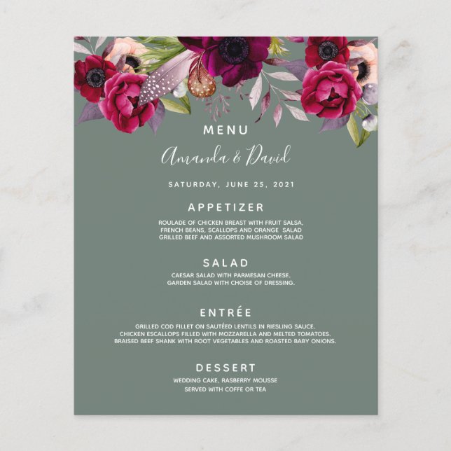 Bröllop Menu sage grönt blommor, burgundi (Framsida)