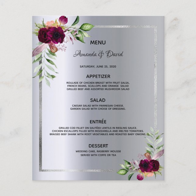 Bröllop Menu silver blommigt burgundy elegant (Framsida)