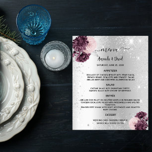 Bröllop Menu silver burgundblomma av rosa Flygblad