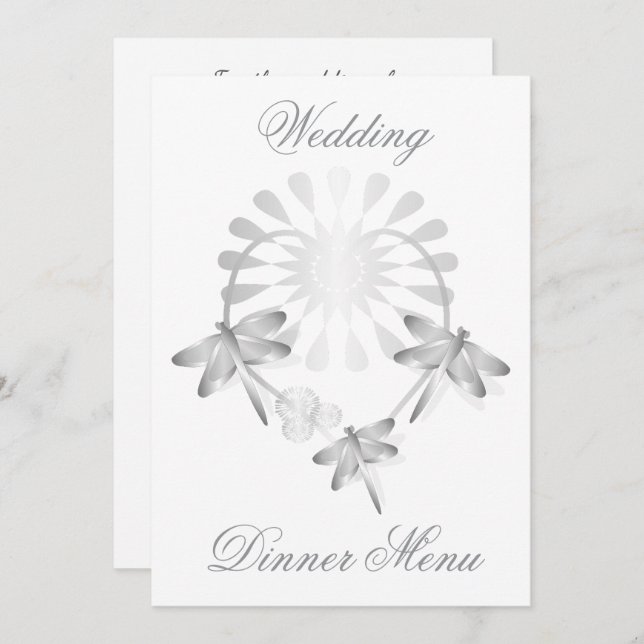 Bröllop Menu Silver Dragonflies Heart Meny (Fram/baksida)