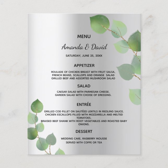 Bröllop Menu silver eucalyptus greenery (Framsida)