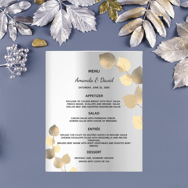 Bröllop Menu silver eucalyptus gyden budget Flygblad (Skapare uppladdad)