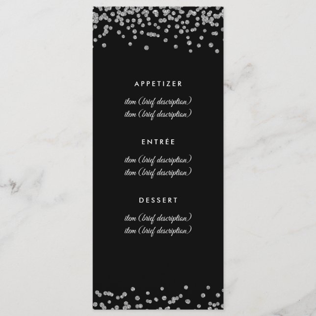 Bröllop Menu Silver Faux Glitter confetti Black Meny (Framsida)
