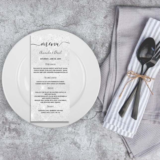 Bröllop Menu silver glitter middag Reklamkort (Skapare uppladdad)