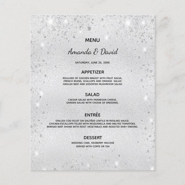 Bröllop Menu silver glitter stoftfoto kärlek (Framsida)