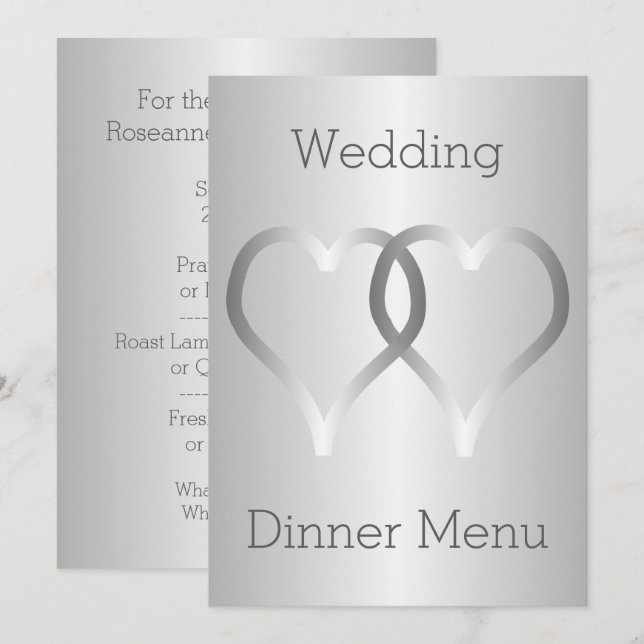 Bröllop Menu Silver Hearts Meny (Fram/baksida)