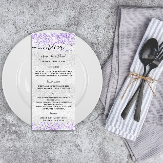 Bröllop Menu silver lila violet glitter Reklamkort (Skapare uppladdad)