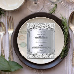 Bröllop Menu silver metallisk vit ros budget Flygblad<br><div class="desc">Observera att den här menyn är på flygblad papper och mycket tunn. För tjockare menyer (samma design), besök vår butik. En elegant och glamorös bröllop-meny. Svart och vitt vattenfärgat ro som dekorfärg. Mallar för namn, datum och bröllop-menyn. Ett faux silver ram och ett faux silver metallic tittar färg. Svart färgad...</div>