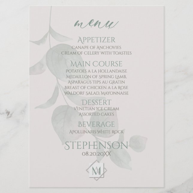 Bröllop Menu | Silver Sage Eucalyptus Monogram Meny (Framsida)