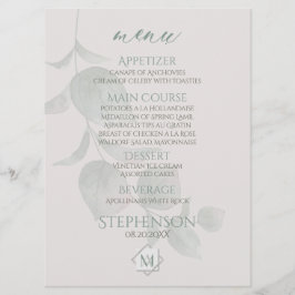 Bröllop Menu | Silver Sage Eucalyptus Monogram Meny