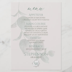 Bröllop Menu   Silver Sage Eucalyptus Monogram Meny