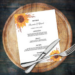 Bröllop Menu Soloblommor pampas spp. Flygblad<br><div class="desc">Observera att den här menyn är på flygblad papper och mycket tunn. För tjockare menyer (samma design),  besök vår butik. Ett elegant bohemian boho stil bröllop-menykort. Anpassa och lägg till namn,  datum och bröllop-menyn. En vit bakgrund. Dekorerad med muterad färgad solblommor och pampasgräs. Bakåt: färgaden ro guld.</div>
