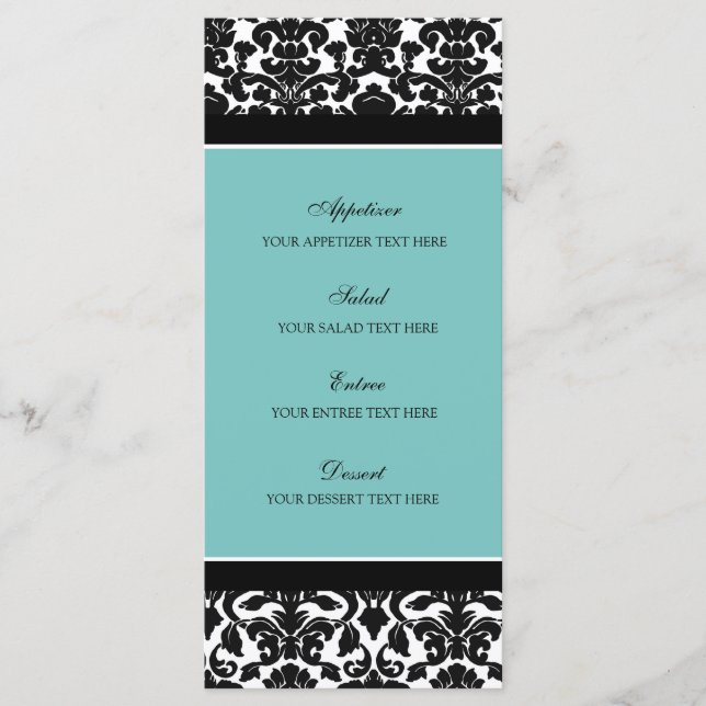 Bröllop Menu Teal Black Damask Meny (Framsida)