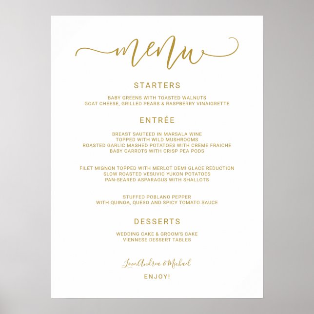 Bröllop Menu-tecken - Bouncy Calligraphy (Guld) Poster (Framsidan)
